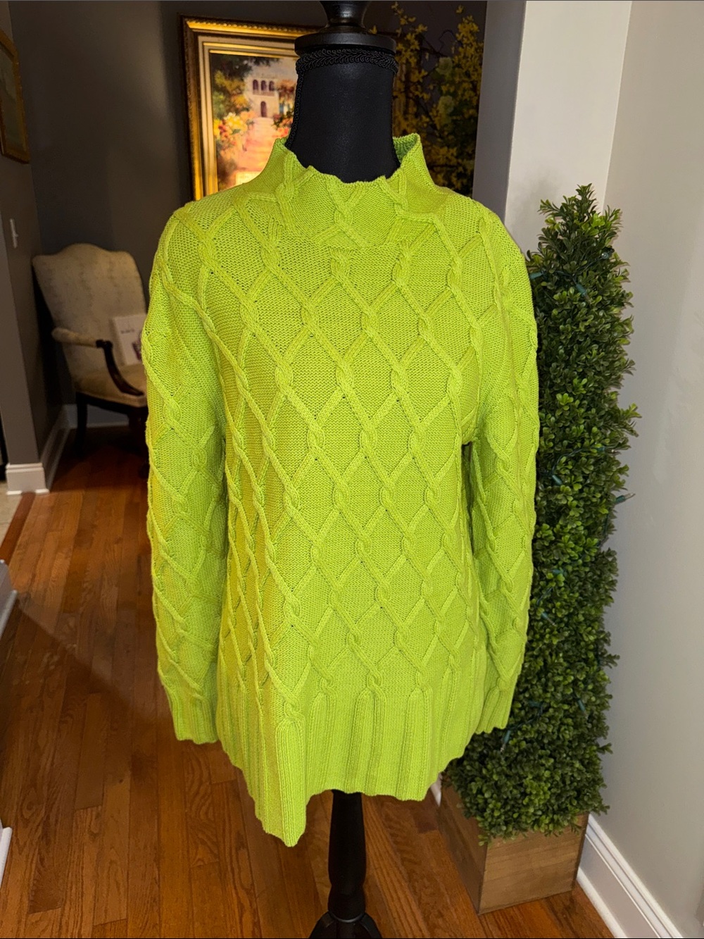 Elena Wang Mock Turtleneck Lime Green Cable Knit Sweater NWT